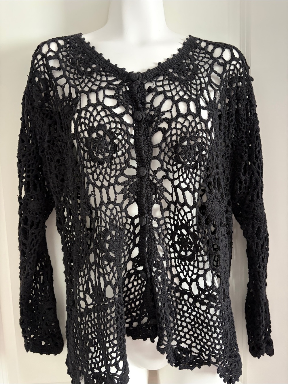 Black Crochet Openwork Women's Sweater Cardigan